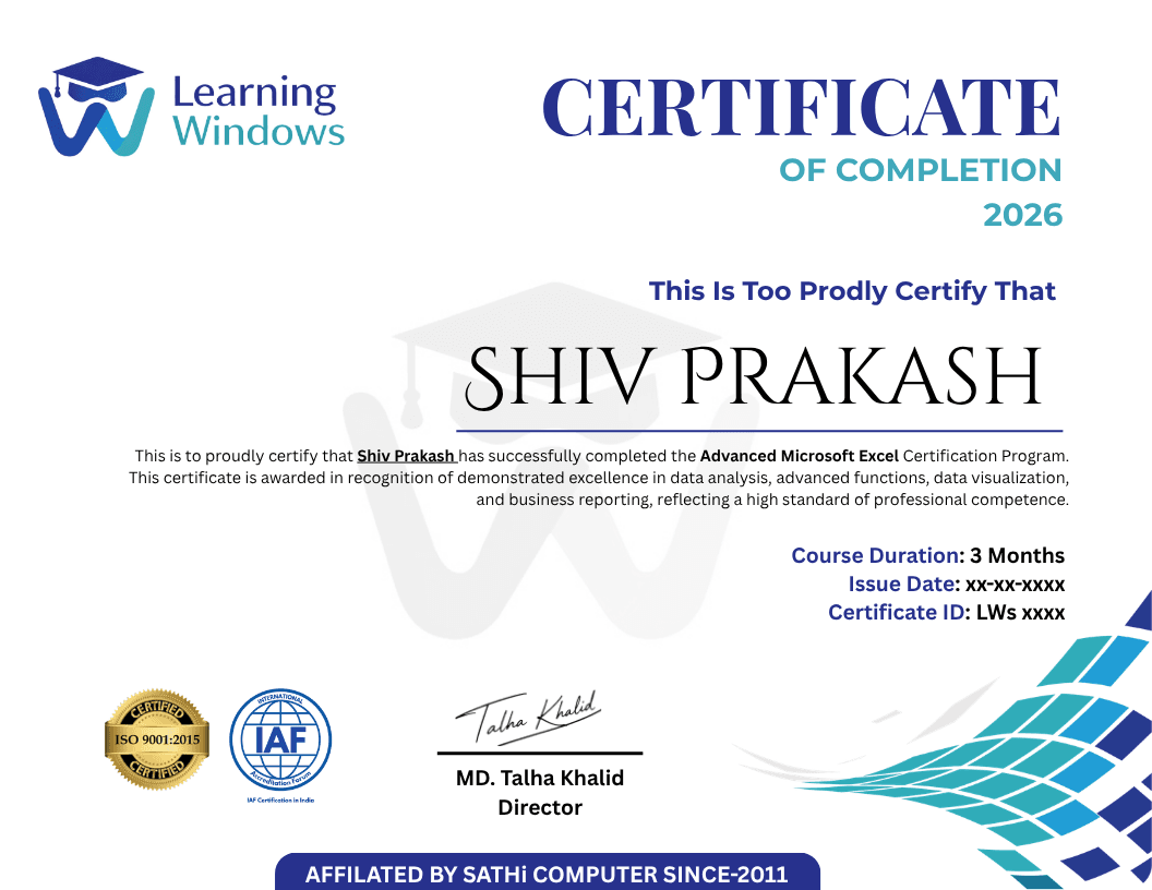 Advanced Microsoft Excel sample certificate